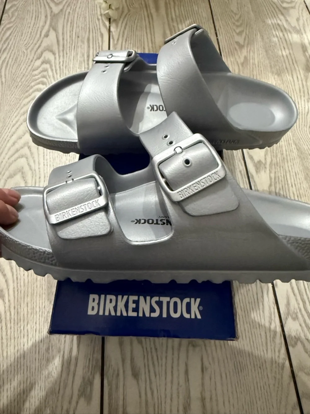 Birkenstock Arizona EVA Metallic Silver Two-Strap Sandals